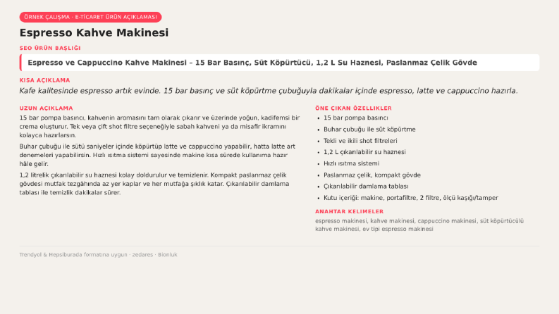 Espresso Makinesi – E-ticaret Ürün Açıklaması