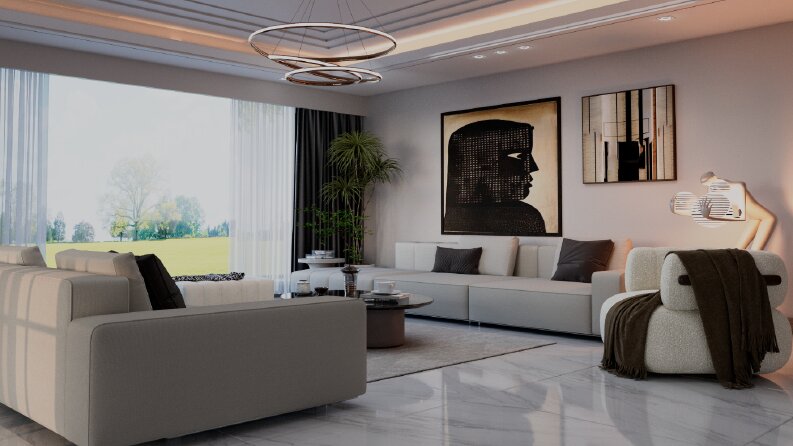 Salon + Mutfak Açık Plan render 