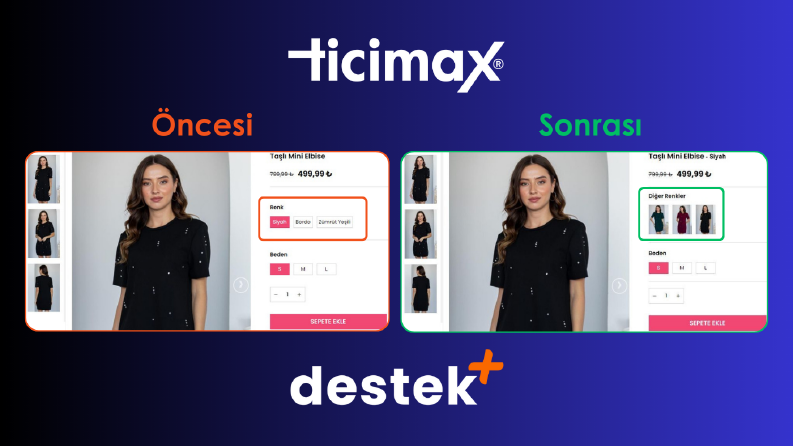 ticimax varyantlarını ilgili ürün renk kartına dönüştürürüm