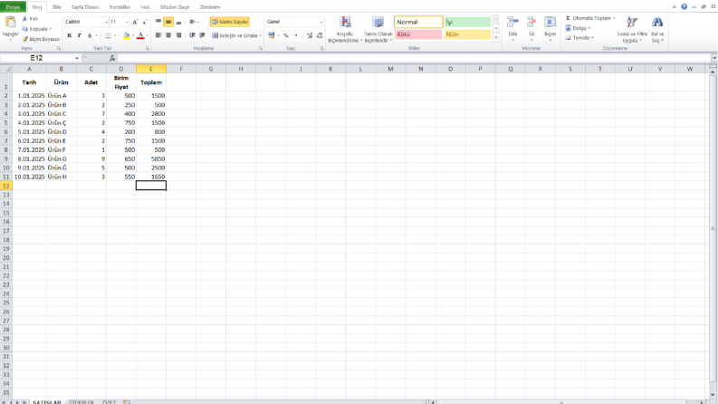 Excel Satış ve Gider Raporu – Örnek Çalışma