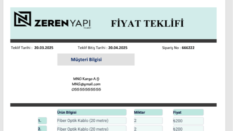 Fiyat teklifi 1