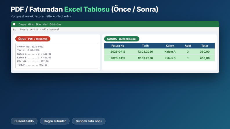 PDF / Faturadan Excel Tablosu (Önce / Sonra)