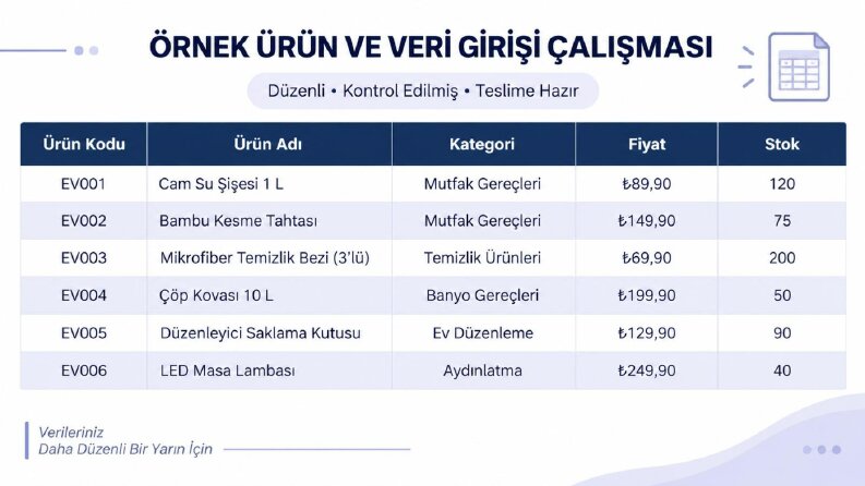 Örnek ürün ve Veri girişi Çalışması