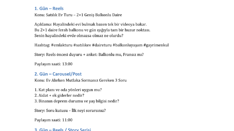 Emlak Sayfaları için 3 Günlük İçerik Planı