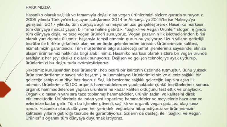 Hasaniko Şirketi 'Hakkımızda' yazısı
