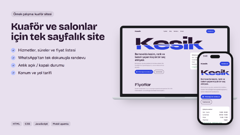 Kuaför Salonu İçin Tek Sayfalık Web Sitesi (Örnek Çalışma)