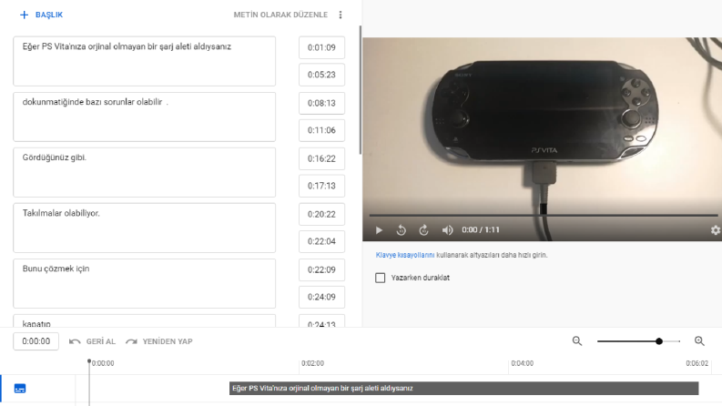 PS Vita ile ilgili video için alt yazı çalışması