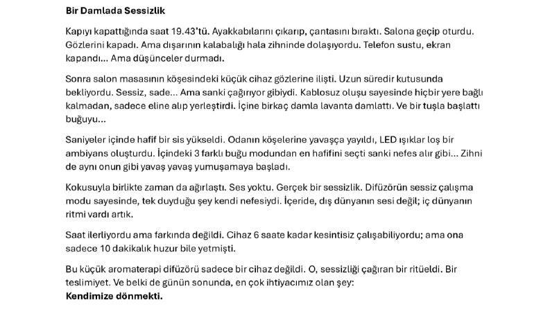 Bir damlada sessizlik- hikayesel anlatımlı ürün metni