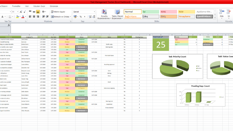 Görev Yönetimi için Otomatik Excel Takip Paneli