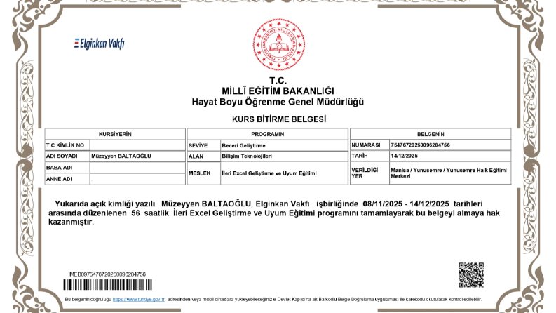 İleri Excel Geliştirme ve Uyum Eğitimi Sertifikası