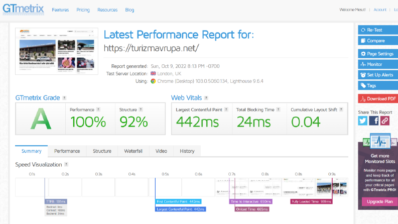 https://turizmavrupa.net/ GTMetrix PageSpeed Optimizasyonu