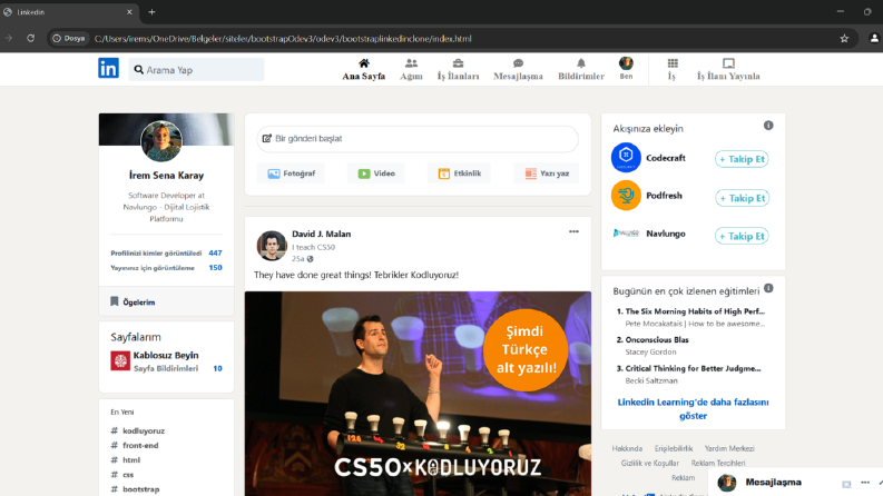 LinkedIn Arayüz Geliştirme (Responsive & Bootstrap)