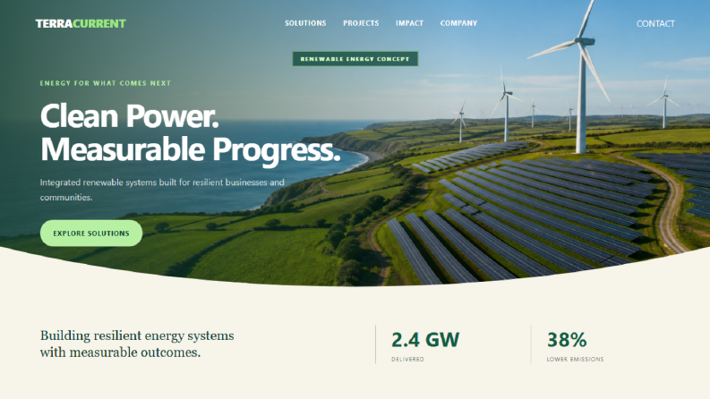 TerraCurrent — İngilizce Enerji Web Sitesi Konsepti