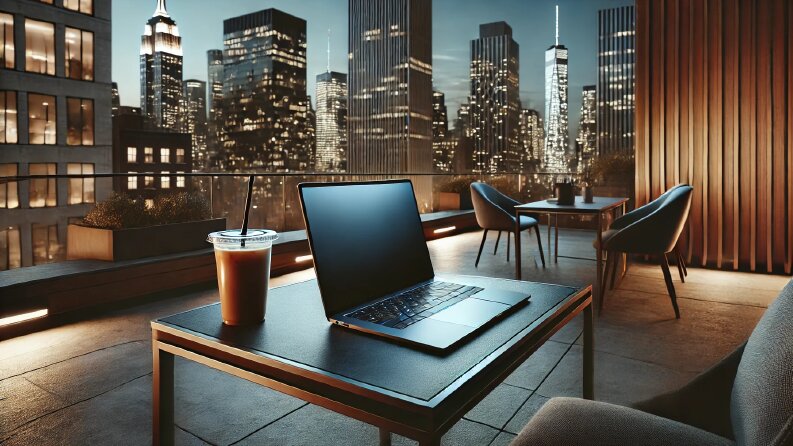 Gece Manzaralı Rooftop Ofis – Dijital Girişimci Temalı AI Ta