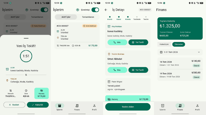 Kurye Platform Mobil Uygulama Ekran Görüntüleri