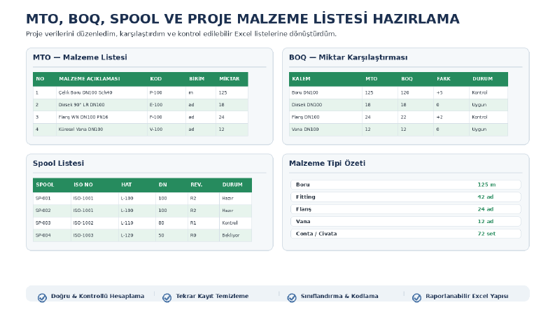 MTO, BOQ, Spool ve Proje Malzeme Listesi Hazırlama