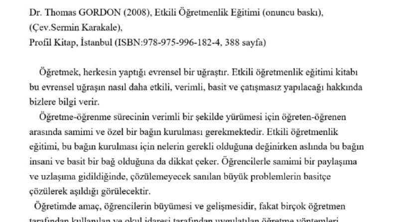 Thomas Gordon'nun - Etkili Öğretmenlik Eğitimi Kitabı