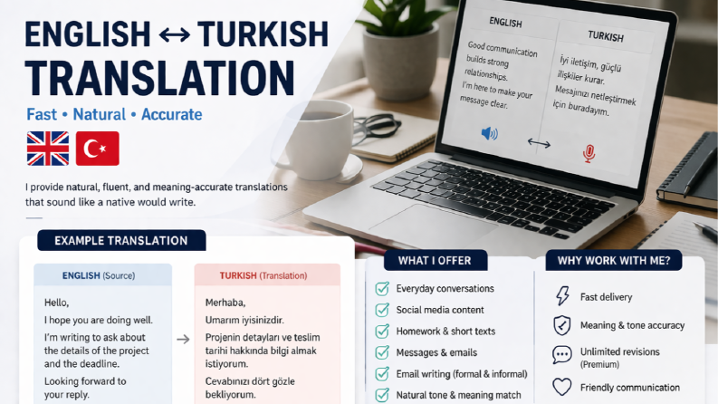 Türkçe<->İngilizce (Mail,Ödev,Sunum,Günlük Yazı vb.)