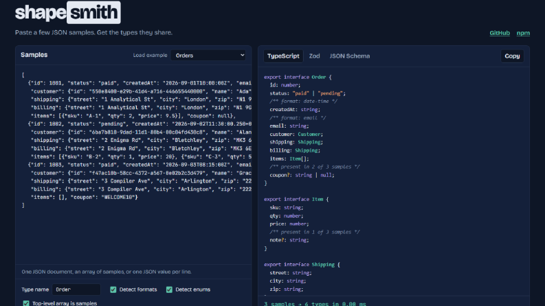 shapesmith — JSON örneklerinden TypeScript/Zod tipleri