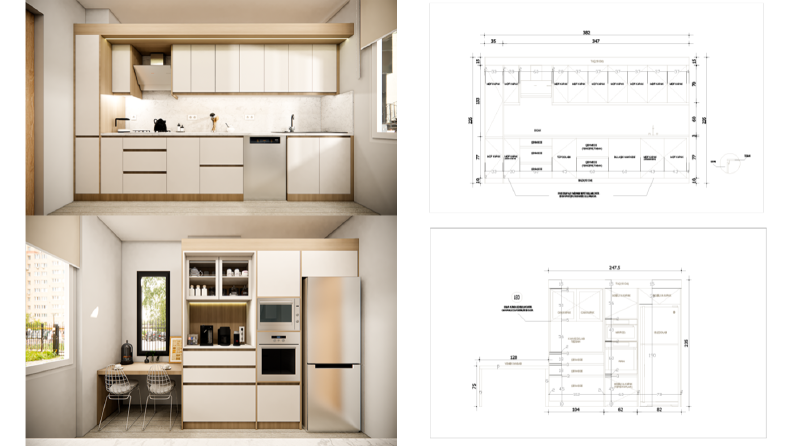 Mobilya Tasarımı,Mutfak Tasarımı, Teknik Çizim, 3D Render 