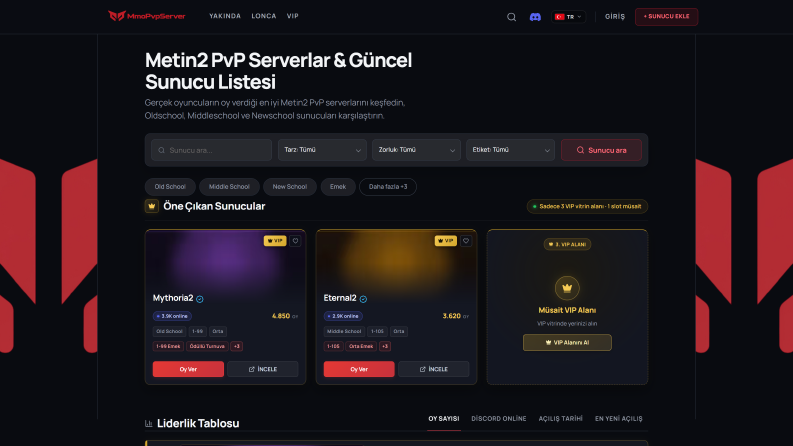 MMO PVP Server Listeleme ve Yönetim Platformu