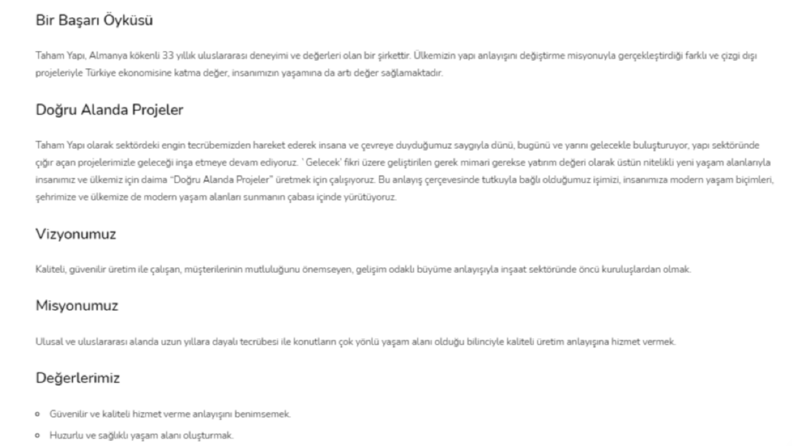 Taham Yapı-Websitesi Metinleri