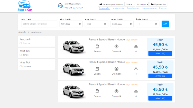 Rent a car v01 Araç Filtreleme sayfası