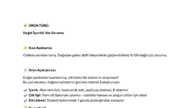 Doğal içerikli cilt bakımı serumu- ürün açıklaması örneği