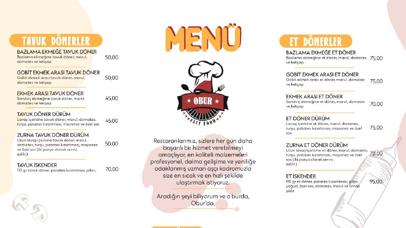 Obur Fast Food menü tasarımı