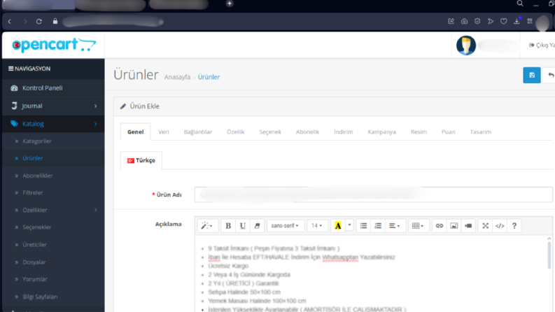 Opencart Ürün Girişi 