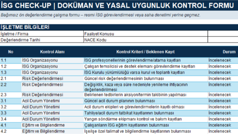 İSG Check-Up | Doküman ve Uygunluk Kontrol Formu