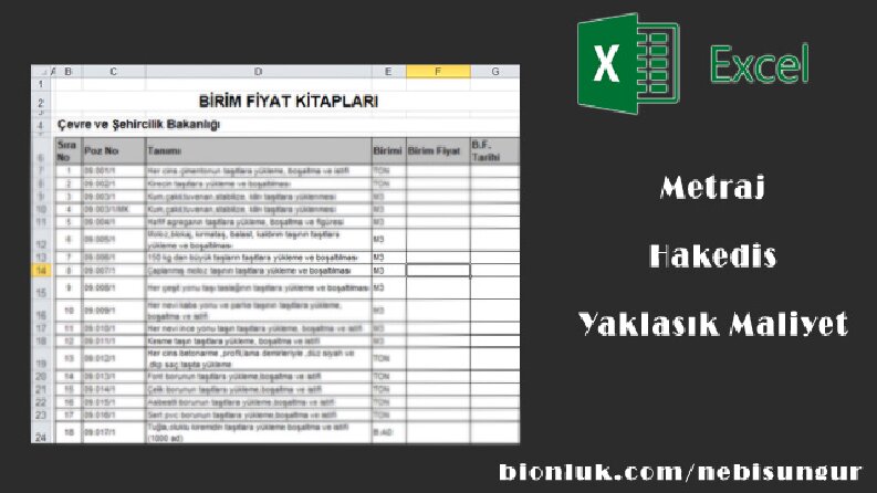 REF36 - Excel, Hakediş, Metraj, Maliyet İşleri