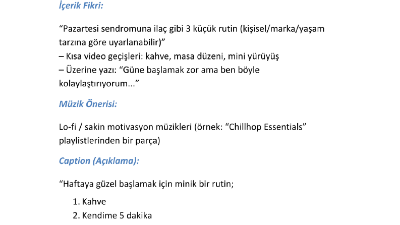 İçerik Planı + Reels Fikri + Stratejik Yönlendirme