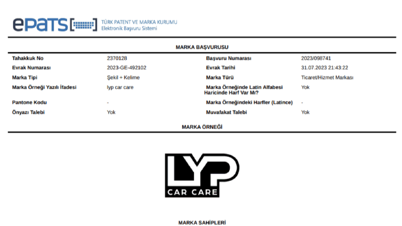 lyp car care marka tescil başvurusu yapıldı