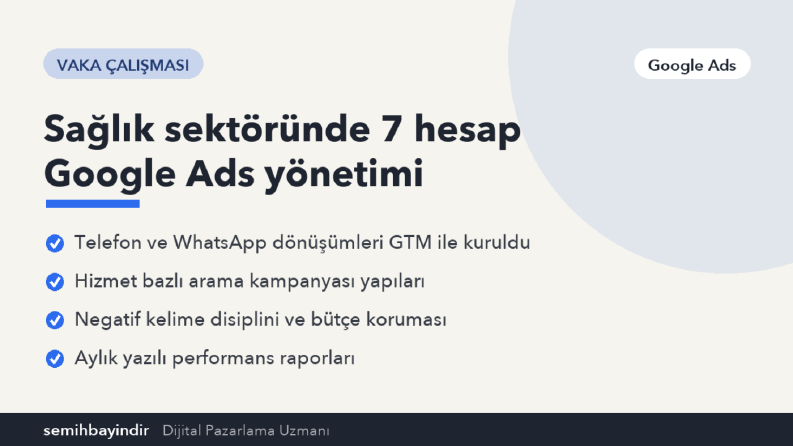 Sağlık sektöründe 7 hesabın Google Ads yönetimi