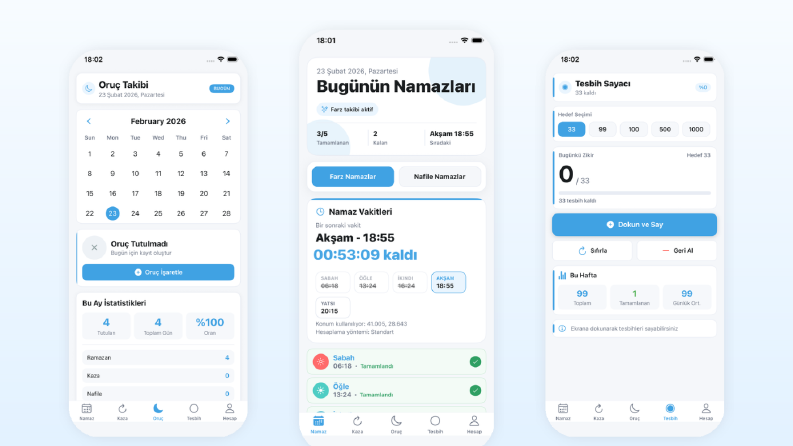 Modern arayüzlü kişisel ibadet ve alışkanlık takip mobil den