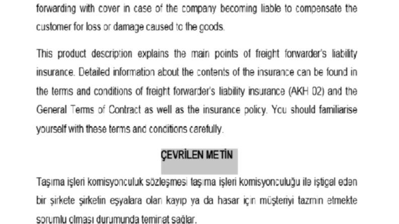 Sigorta Sözleşmesi Çevirisi (İNG-TR)