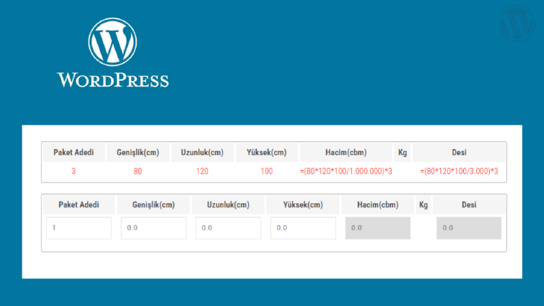 Hacim ve Desi hesaplama tablosu (Wordpress)