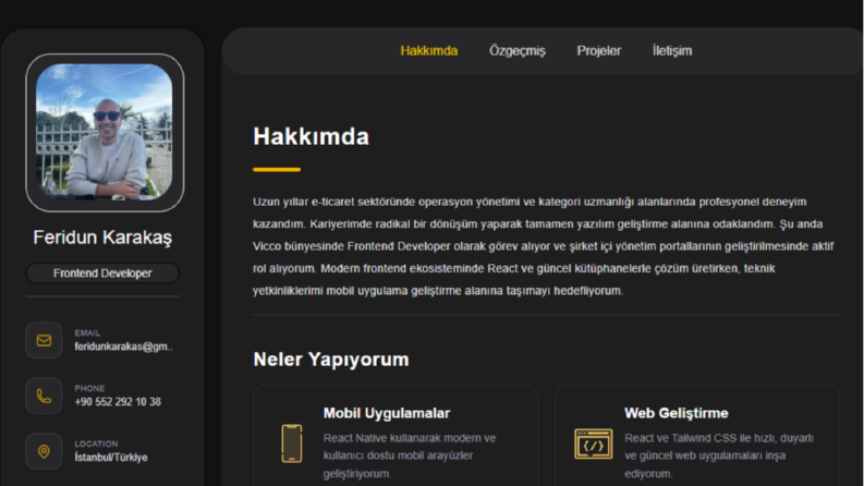 React ve tailwindcss ile yazılmış Kişisel portfolyo