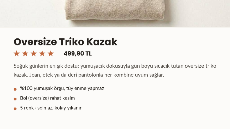 Giyim Ürünü için Ürün Açıklaması (Örnek)