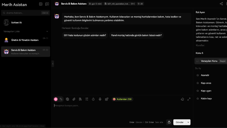 Merih Asansör - Kurumiçi Çalışan Yapay Zeka Destekli Chatbot