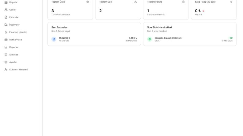 Full Stack: Stok, Cari ve Finans Yönetim Paneli
