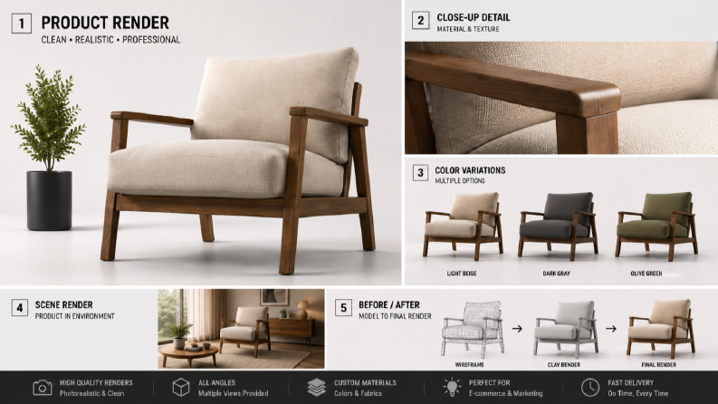 gerçekçi 3D ürün ve mobilya renderları hazırlarım