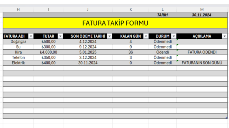 FATURA TAKİP FORMU