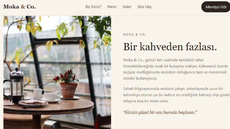 Moka & Co. adında sıcak ve modern bir kafe sitesi yaptım.