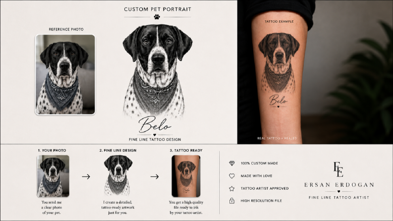 🐾 Köpek Fotoğrafından Fine Line Dövme Tasarımı (Belo)