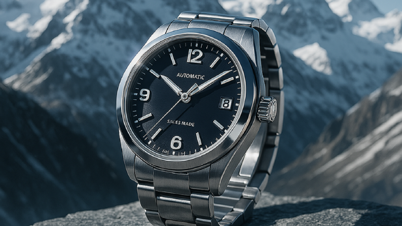 Outdoor Lüks Saat Tasarımı – AI ile Dağ Manzaralı Premium Su