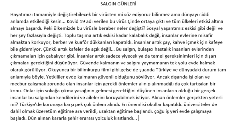 Salgın döneminde yazdığım yazı
