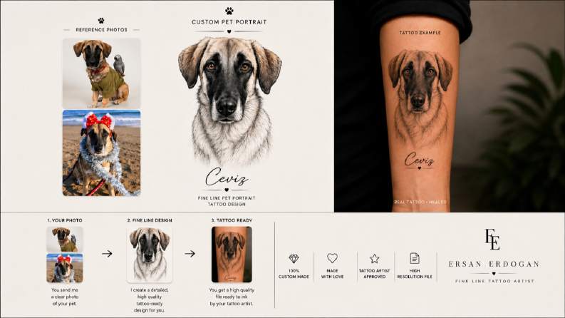 🐾 Evcil Hayvan Portre Dövmesi | Fine Line Tasarım (Ceviz)