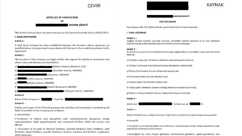 TR-EN Şirket Esas Sözleşmesi Çevirisi